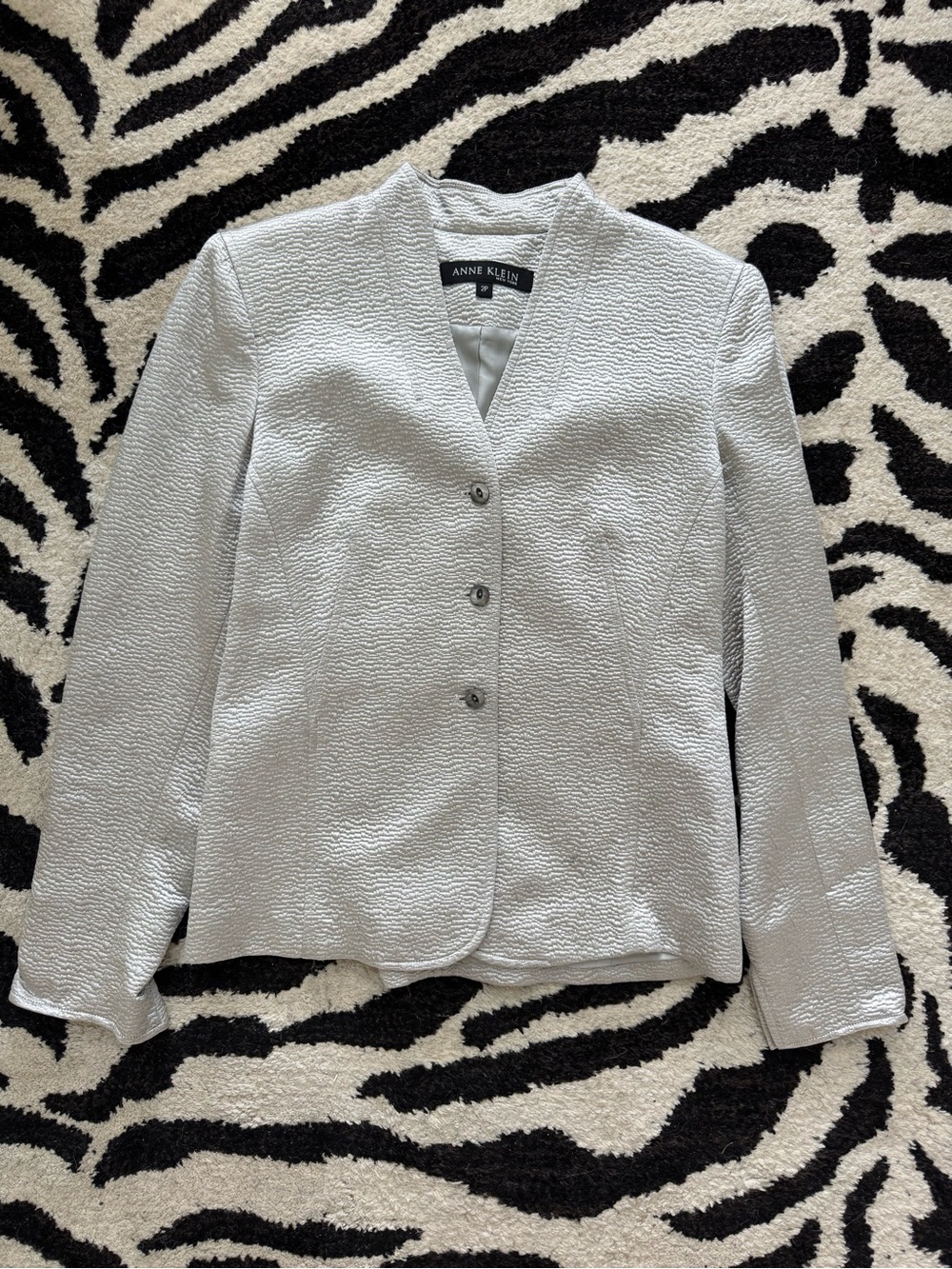 Anne Klein Metallic Silver Textured Three-Button Blazer